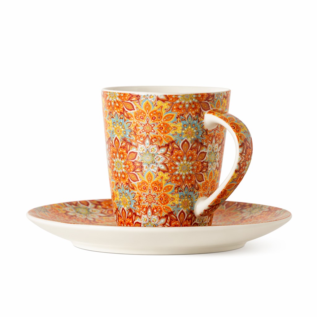 Blomsterkeramisk kaffekopp med tallerken